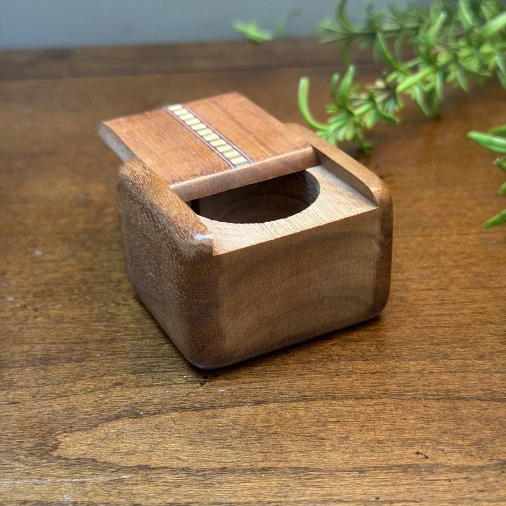 Vintage Wooden Trinket Box Sliding Lid Inlay Design Small Jewelry Stash Holder